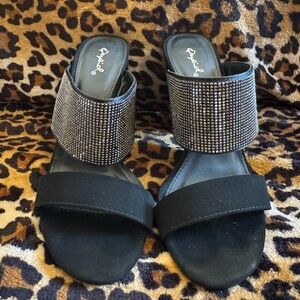 Qupid Black Rhinestone Slide Mules